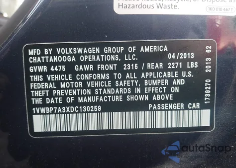 2013 Volkswagen Passat 2.5L Se из США, поврежденный, VIN 1VWBP7A3XDC130259